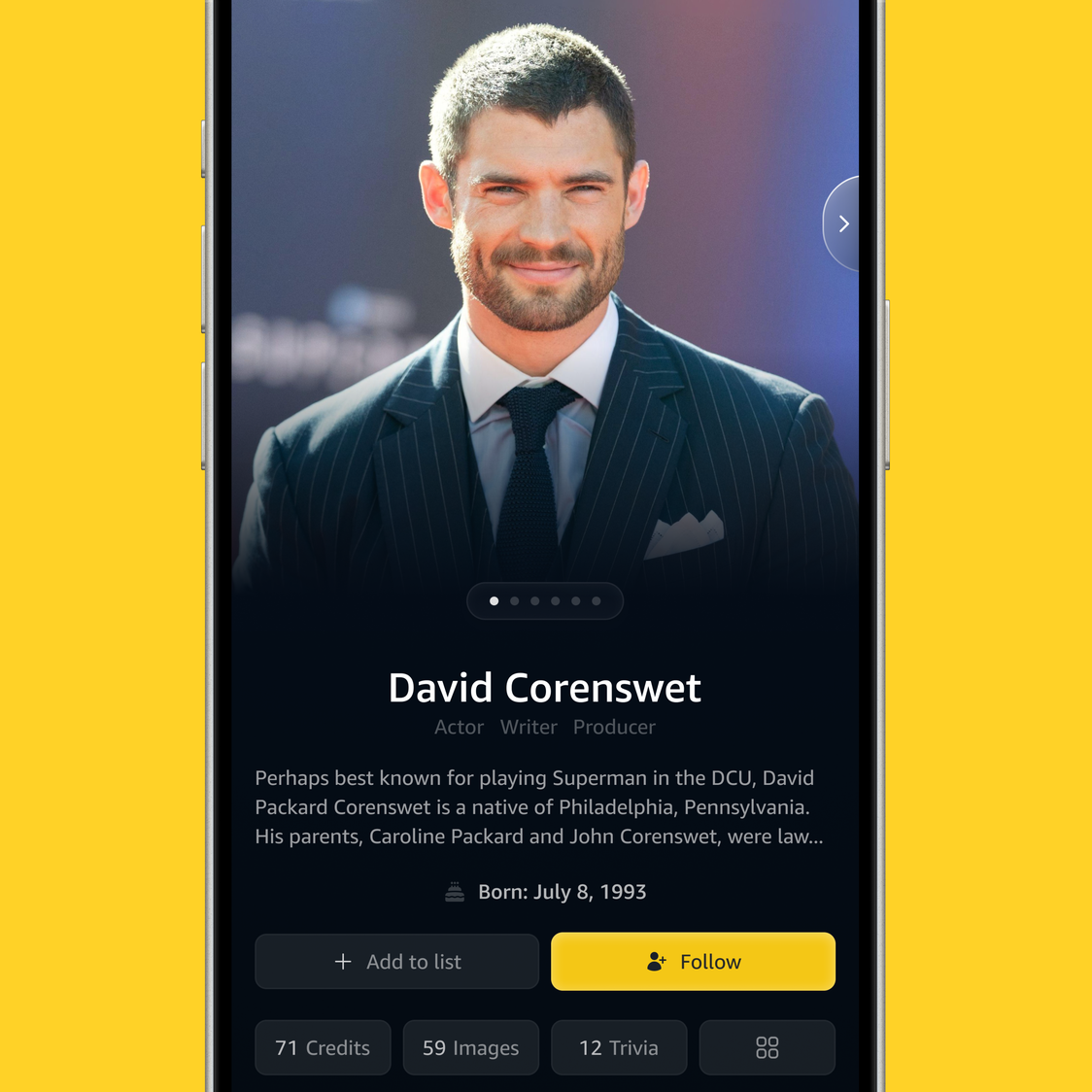 IMDb mobile redesign concept, an actor's profile screen